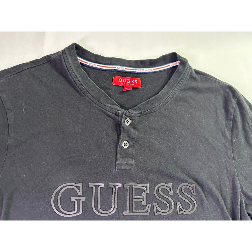 Guess Los Angeles Men's Black Henley Shirt Short Sleeve Embossed Logo Size Large - Picture 2 of 9